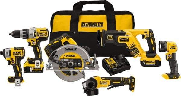 DeWALT - 20 Volt Cordless Tool Combination Kit - Includes 1/2" Brushless Hammerdrill, 1/4" Brushless Impact Driver, Brushless Reciprocating Saw, 7-1/2" Brushless Circular Saw, Cut-Off Tool/Grinder & LED Worklight, Lithium-Ion Battery Included - A1 Tooling