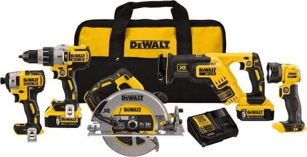 DeWALT - 20 Volt Cordless Tool Combination Kit - Includes 1/2" Brushless Hammerdrill, 1/4" Brushless Impact Driver, Brushless Reciprocating Saw, 7-1/2" Brushless Circular Saw & LED Worklight, Lithium-Ion Battery Included - A1 Tooling