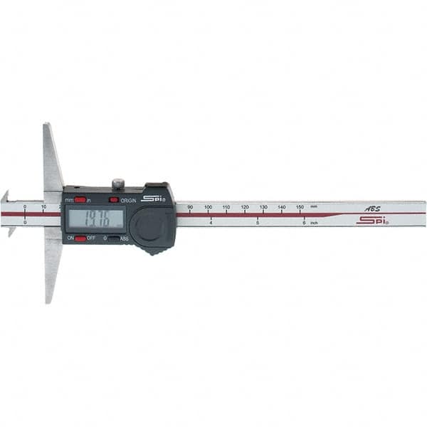 SPI - 0" to 150mm Stainless Steel Electronic Depth Gage - 0.02mm Accuracy, 0.01mm Resolution, 100mm Base Length, Hook Included - A1 Tooling