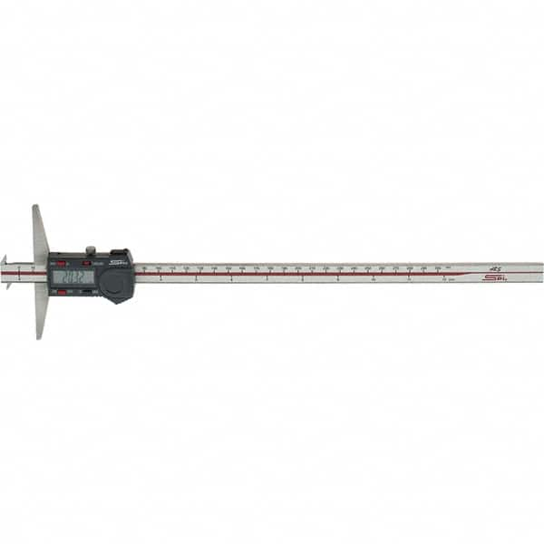 SPI - 0" to 300mm Stainless Steel Electronic Depth Gage - 0.04mm Accuracy, 0.01mm Resolution, 100mm Base Length, Hook Included - A1 Tooling