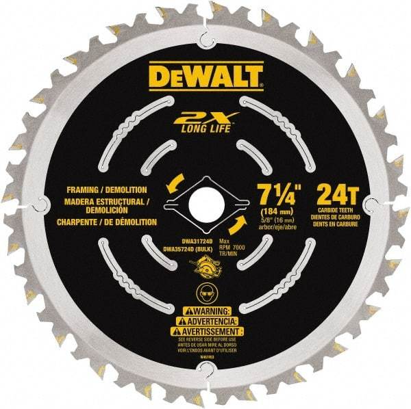 DeWALT - 7-1/4" Diam, 15.88mm Arbor Hole Diam, 48 Tooth Wet & Dry Cut Saw Blade - Steel, Framing Action, Standard Round Arbor - A1 Tooling