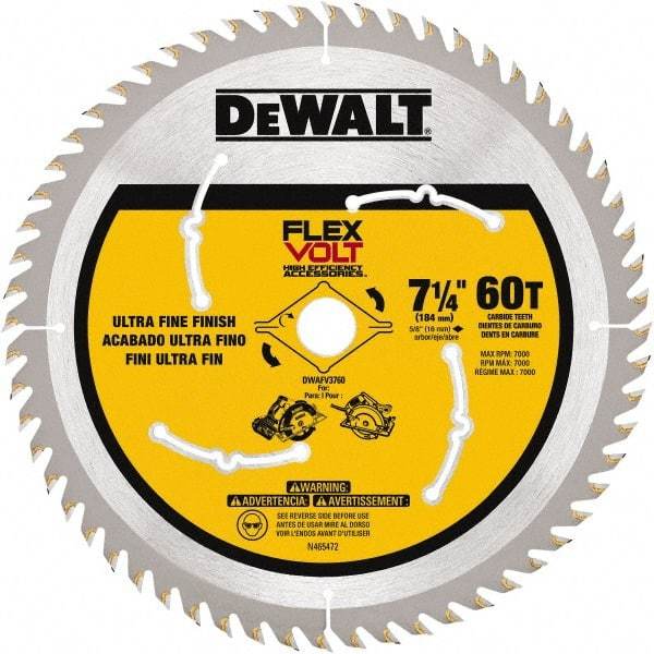 DeWALT - 7-1/4" Diam, 15.88mm Arbor Hole Diam, 60 Tooth Wet & Dry Cut Saw Blade - Steel, Smooth Action, Standard Round Arbor - A1 Tooling