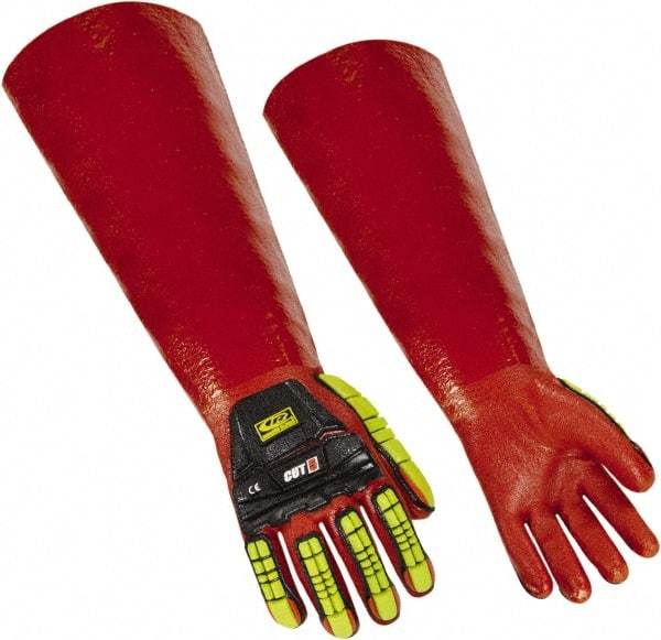 Ringers Gloves - Size S (8), 15" Long, 10 mil Thick, PVC Chemical Resistant Gloves - Textured Finish, KEVLAR Lined, Gauntlet Cuff, ANSI Abrasion Level 4, ANSI Cut Level 3, Hi-Viz Yellow/Red - A1 Tooling