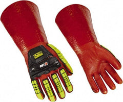 Ringers Gloves - Size XL (12), 14" Long, 10 mil Thick, PVC Chemical Resistant Gloves - Textured Finish, KEVLAR Lined, Gauntlet Cuff, ANSI Abrasion Level 4, ANSI Cut Level 3, Hi-Viz Yellow/Red - A1 Tooling