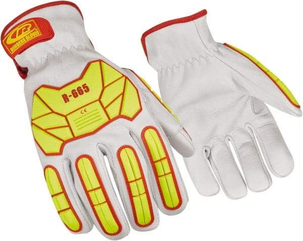 Ringers Gloves - Size XL (11), ANSI Cut Lvl A5, Goatskin Leather Cut Resistant Gloves - Hook & Loop Cuff, White/Hi-Vis Yellow, Paired - A1 Tooling