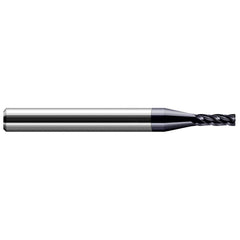 Corner Radius End Mill: 0.118″ Dia, 0.354″ LOC, 0.01″ Radius, 4 Flutes, Solid Carbide 1-1/2″ OAL, 1/8″ Shank Dia, 30 ° Helix, AlTiN Coated, Corner Radius End