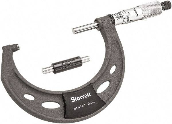 Starrett - 2 to 3" Range, 0.0001" Graduation, Mechanical Outside Micrometer - Ratchet Thimble, 1-3/4" Throat Depth, Accurate to 0.0001" - A1 Tooling