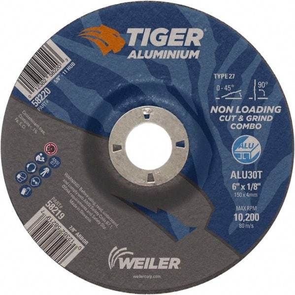 Weiler - 6" 30 Grit Aluminum Oxide/Silicon Carbide Blend Cutoff Wheel - 1/8" Thick, 7/8" Arbor, 10,200 Max RPM, Use with Angle Grinders - A1 Tooling