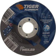 Weiler - 4-1/2" 30 Grit Aluminum Oxide/Silicon Carbide Blend Cutoff Wheel - 1/8" Thick, 7/8" Arbor, 13,300 Max RPM, Use with Angle Grinders - A1 Tooling