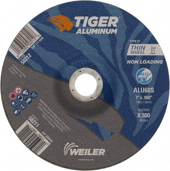 Weiler - 7" 60 Grit Aluminum Oxide/Silicon Carbide Blend Cutoff Wheel - 0.06" Thick, 7/8" Arbor, 8,500 Max RPM, Use with Angle Grinders - A1 Tooling