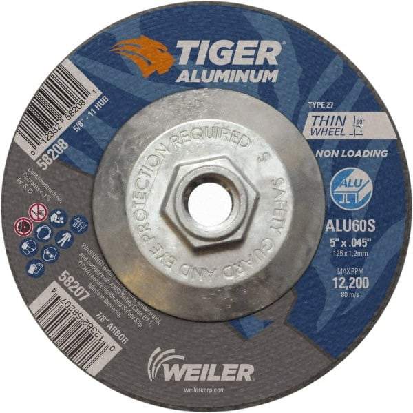 Weiler - 5" 60 Grit Aluminum Oxide/Silicon Carbide Blend Cutoff Wheel - 0.045" Thick, 5/8-11 Arbor, 12,200 Max RPM, Use with Angle Grinders - A1 Tooling