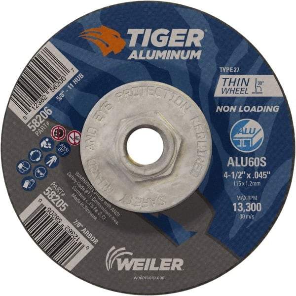 Weiler - 4-1/2" 60 Grit Aluminum Oxide/Silicon Carbide Blend Cutoff Wheel - 0.045" Thick, 5/8-11 Arbor, 13,300 Max RPM, Use with Angle Grinders - A1 Tooling