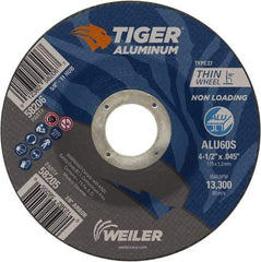 Weiler - 4-1/2" 60 Grit Aluminum Oxide/Silicon Carbide Blend Cutoff Wheel - 0.045" Thick, 7/8" Arbor, 13,300 Max RPM, Use with Angle Grinders - A1 Tooling