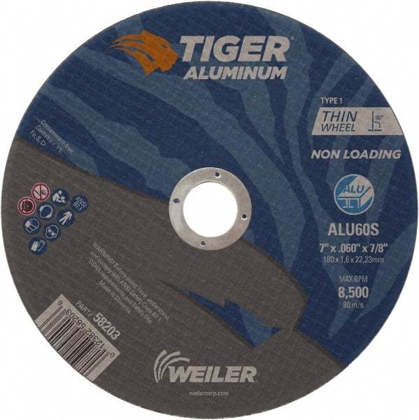 Weiler - 7" 60 Grit Aluminum Oxide/Silicon Carbide Blend Cutoff Wheel - 0.06" Thick, 7/8" Arbor, 8,500 Max RPM, Use with Angle Grinders - A1 Tooling