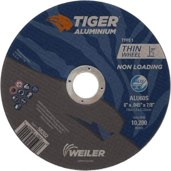 Weiler - 6" 60 Grit Aluminum Oxide/Silicon Carbide Blend Cutoff Wheel - 0.045" Thick, 7/8" Arbor, 10,200 Max RPM, Use with Angle Grinders - A1 Tooling