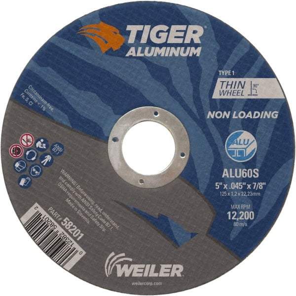 Weiler - 5" 60 Grit Aluminum Oxide/Silicon Carbide Blend Cutoff Wheel - 0.045" Thick, 7/8" Arbor, 12,200 Max RPM, Use with Angle Grinders - A1 Tooling