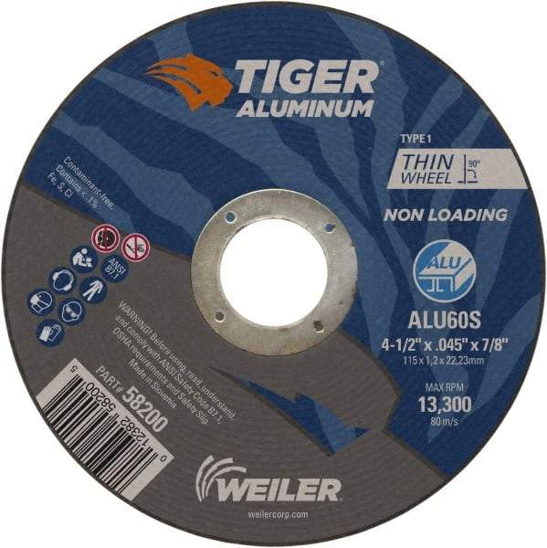 Weiler - 4-1/2" 60 Grit Aluminum Oxide/Silicon Carbide Blend Cutoff Wheel - 0.045" Thick, 7/8" Arbor, 13,300 Max RPM, Use with Angle Grinders - A1 Tooling