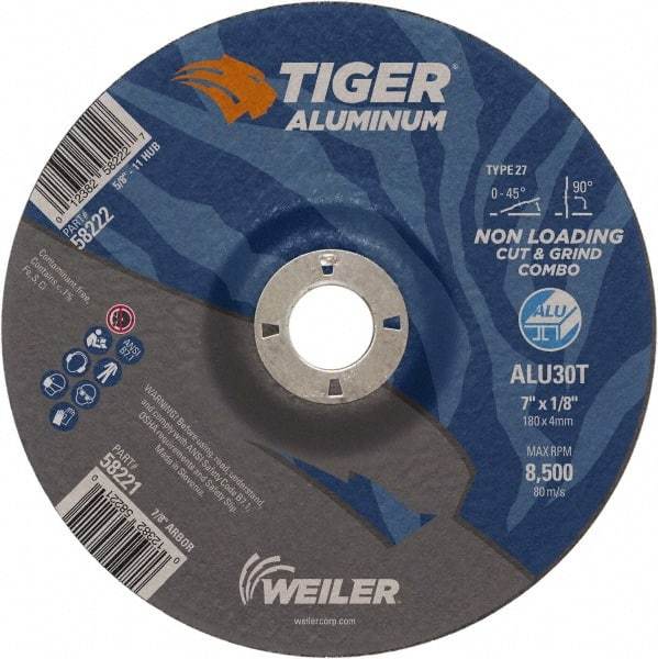 Weiler - 7" 30 Grit Aluminum Oxide/Silicon Carbide Blend Cutoff Wheel - 1/8" Thick, 7/8" Arbor, 8,500 Max RPM, Use with Angle Grinders - A1 Tooling