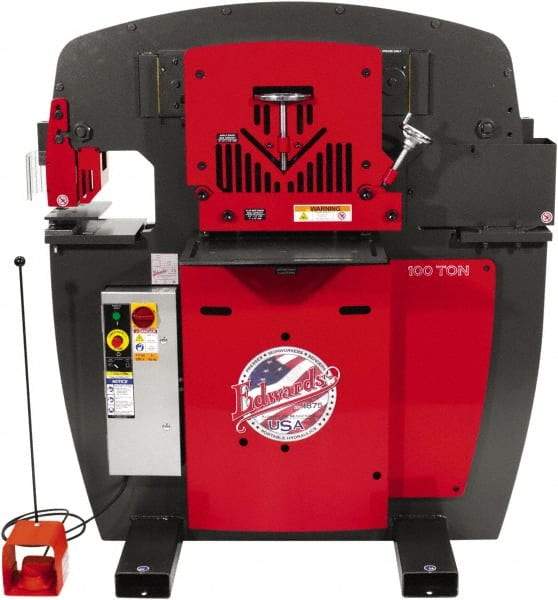 Edwards Manufacturing - 11" Throat Depth, 100 Ton Punch Pressure, 1-1/16" in 1" Punch Capacity Ironworker - 7-1/2 hp, 3 Phase, 460 Volts, 56-1/8" Wide x 61-11/16" High x 45" Deep - A1 Tooling