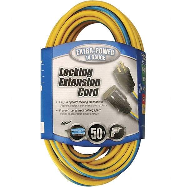 Southwire - 50', 14/3 Gauge/Conductors, Blue & Yellow Locking Extension Cord - 15 Amps, 125 VAC, UL SJTW, NEMA 5-15P - A1 Tooling