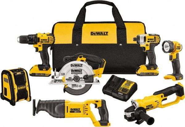 DeWALT - 20 Volt Cordless Tool Combination Kit - Includes 1/2" Compact Drill/Driver, 1/4" Impact Driver, Cut-off Tool/Grinder, Reciprocating Saw, 6-1/2 Circular Saw, LED Worklight & Bluetooth Speaker, Lithium-Ion Battery Included - A1 Tooling