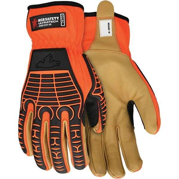 MCR Safety - Size M ANSI Cut Lvl A5, Abrasion Lvl 4, Goatskin Cut Resistant Gloves - Uncoated, Dyneema Diamond Lining, Slip-On Cuff, Orange/Gold, Paired - A1 Tooling