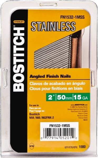 Stanley Bostitch - 15 Gauge 0.07" Shank Diam 2" Long Finishing Nails for Power Nailers - Stainless Steel, Smooth Shank, Angled Stick Adhesive Collation, Round Head, Chisel Point - A1 Tooling