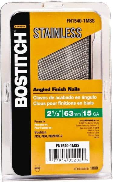 Stanley Bostitch - 15 Gauge 0.07" Shank Diam 2-1/2" Long Finishing Nails for Power Nailers - Stainless Steel, Smooth Shank, Angled Stick Adhesive Collation, Round Head, Chisel Point - A1 Tooling