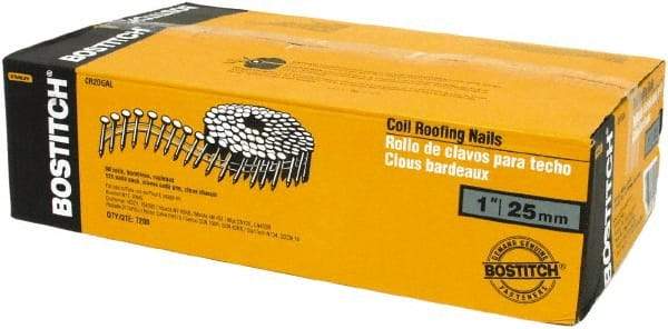 Stanley Bostitch - 13 Gauge 1" Long Roofing Nails for Power Nailers - Steel, Galvanized Finish, Smooth Shank, Coil Wire Collation, Round Head, Diamond Point - A1 Tooling