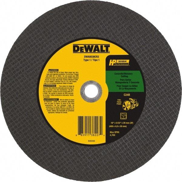 DeWALT - 16" 24 Grit Aluminum Oxide Cutoff Wheel - 5/32" Thick, 20mm Arbor, 4,700 Max RPM, Use with Chop Saws - A1 Tooling