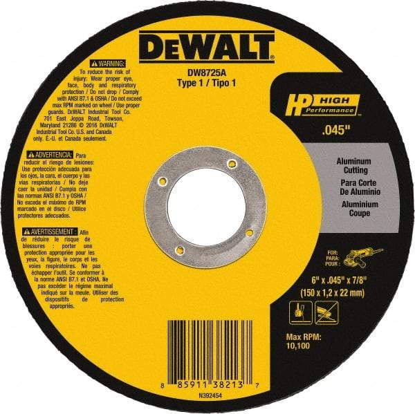 DeWALT - 6" 60 Grit Aluminum Oxide Cutoff Wheel - 3/64" Thick, 7/8" Arbor, 10,100 Max RPM, Use with Angle Grinders - A1 Tooling