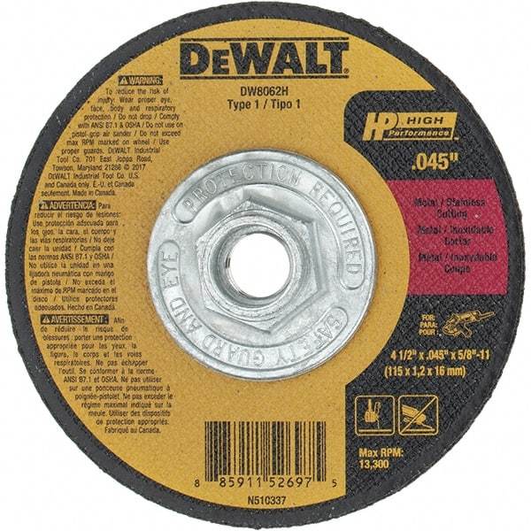 DeWALT - 4-1/2" 24 Grit Aluminum Oxide Cutoff Wheel - 3/64" Thick, 5/8-11 Arbor, 13,300 Max RPM, Use with Angle Grinders - A1 Tooling