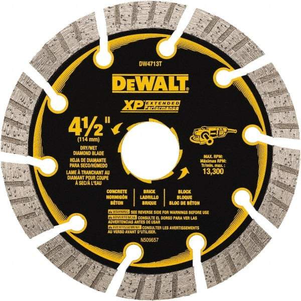 DeWALT - 4-1/2" Diam, 5/8" Arbor Hole Diam, 10 Tooth Wet & Dry Cut Saw Blade - Diamond Matrix, Fast Cutting Action, Standard Round Arbor - A1 Tooling