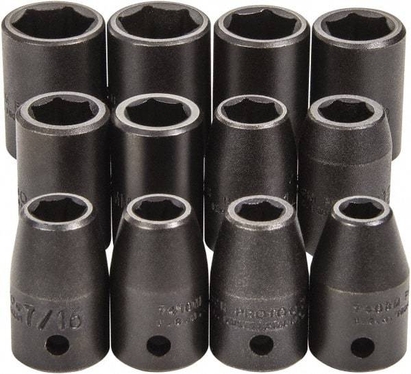 Proto - 12 Piece 1/2" Drive Full Polish Finish Impact Socket Set - 6 Points, 3/4" to 3/4" (8mm to 19mm) Range, Inch/Metric Measurement Standard - A1 Tooling