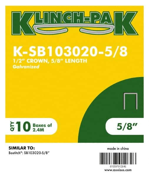 Klinch-Pak - 5/8" Long x 1/2" Wide, 0 Gauge Narrow Crown Construction Staple - Steel, Galvanized Finish, Chisel Point - A1 Tooling