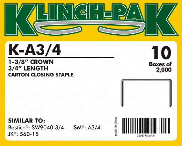 Klinch-Pak - 3/4" Long x 1-3/8" Wide, 0 Gauge Wide Crown Construction Staple - Steel, Copper Finish, Chisel Point - A1 Tooling