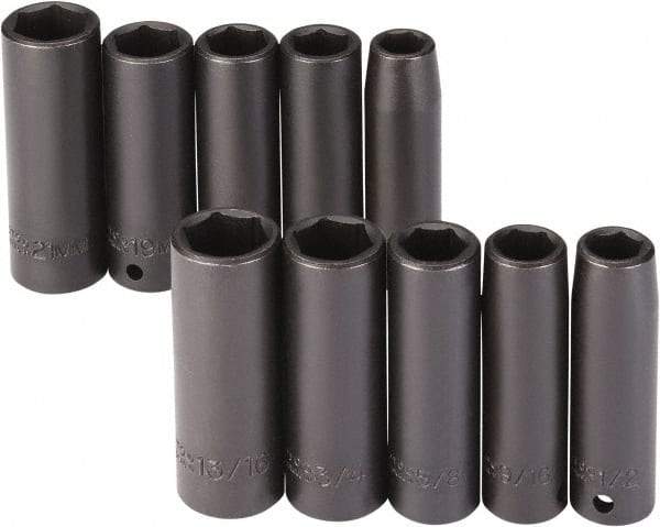 Proto - 10 Piece 1/2" Drive Black Finish Deep Well Impact Socket Set - 6 Points, 1/2" to 13/16" (13mm to 21mm) Range, Inch/Metric Measurement Standard - A1 Tooling