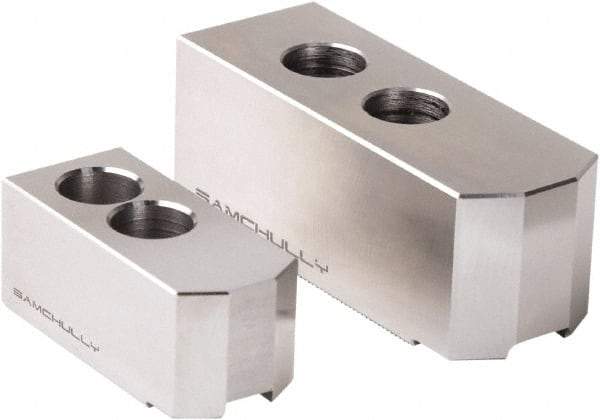 Samchully - 304mm Max Chuck Capacity, 1.5mm x 60° Serrated Interface, Square Soft Lathe Chuck Jaw - 3 Jaw, Steel, 30mm Btw Mount Hole Ctrs, 129mm Long, 50mm Wide, 50mm High, 18mm Groove, M14mm Fastener - A1 Tooling