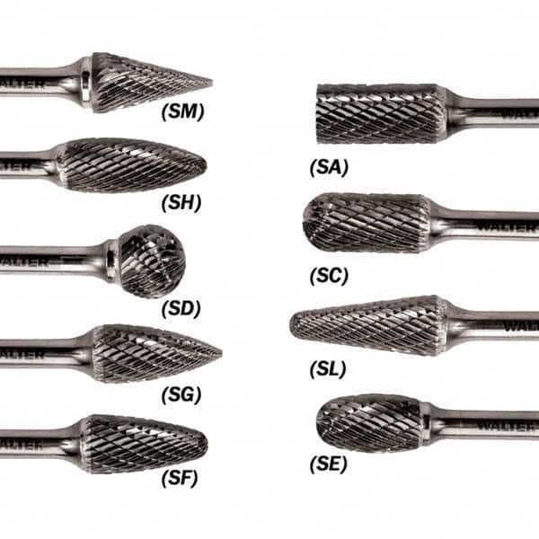 WALTER Surface Technologies - 3/8" Cut Diam, 1/4" Shank Diam, Cylinder Ball End Head Single Cut Burr - Tungsten Carbide, 3/4" LOC, 3-3/4" OAL - A1 Tooling