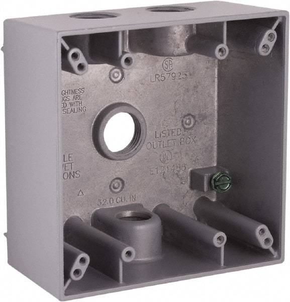 Hubbell-Raco - 2 Gang, (4) 1/2" Knockouts, Aluminum Square Device Box - 4-1/2" Overall Height x 2-1/4" Overall Depth, Weather Resistant - A1 Tooling