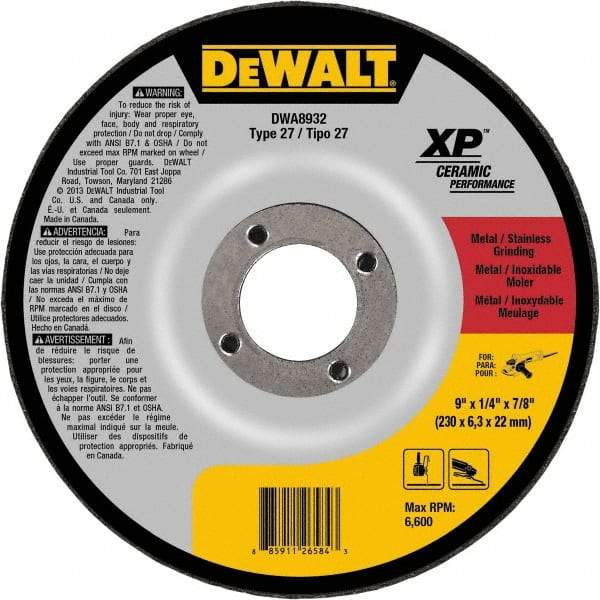 DeWALT - 24 Grit, 9" Wheel Diam, 7/8" Arbor Hole, Type 27 Depressed Center Wheel - Coarse/Medium Grade, Ceramic, N Hardness, 6,600 Max RPM - A1 Tooling