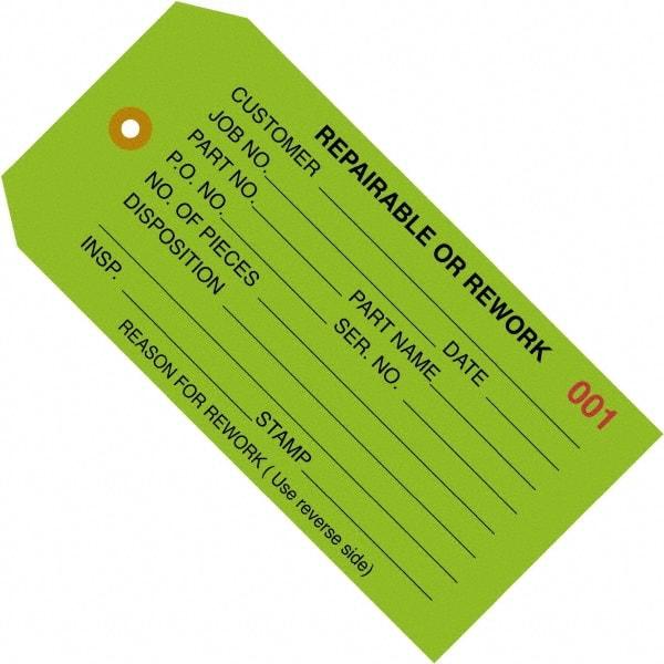 Made in USA - 4-3/4" High x 2-3/8" Long, REPAIRABLE OR REWORK, English Safety & Facility Inspection Tag - Green Cardstock - A1 Tooling