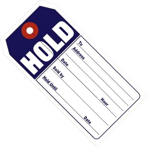 Made in USA - 4-3/4" High x 2-3/8" Long, Hold, English Safety & Facility Retail Tag - Blue & White Cardstock - A1 Tooling