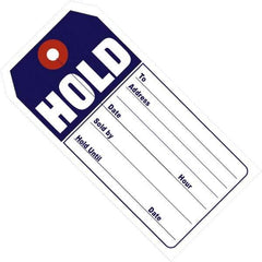 Made in USA - 4-3/4" High x 2-3/8" Long, Hold, English Safety & Facility Retail Tag - Blue & White Cardstock - A1 Tooling