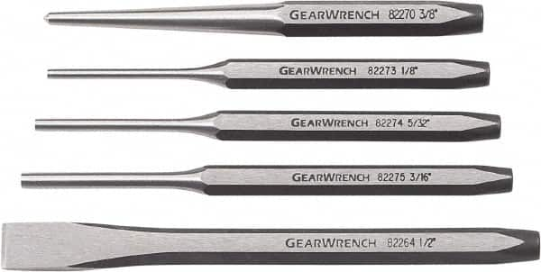 GearWrench - 5 Piece Cold Chisel, Center & Pin Punch Set - 3/8 to 1/2" Chisel, 3/8 to 1/2" Punch, Hex Shank - A1 Tooling