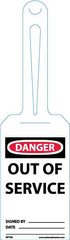 NMC - 11-1/4" High x 3-1/4" Long, Danger - Out of Service, English Safety & Facility Tag - Tag Header: Danger, 1 Side, White Unrippable Vinyl - A1 Tooling