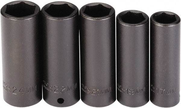 Proto - 5 Piece 1/2" Drive Black Finish Deep Well Socket Set - 6 Points, 17mm to 24mm Range, Metric Measurement Standard - A1 Tooling