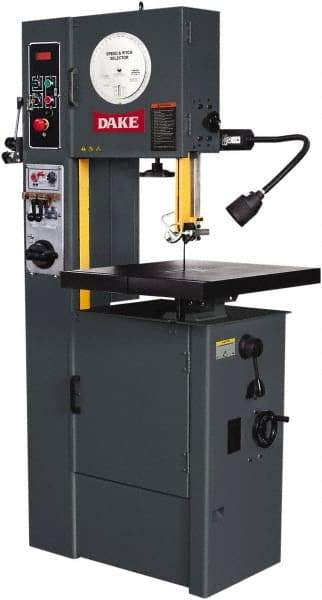 Dake - 15-1/2" Throat Capacity, Variable Speed Pulley Vertical Bandsaw - 25 to 1,200 SFPM, 2 hp, Three Phase - A1 Tooling