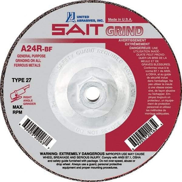 Sait - 24 Grit, 9" Wheel Diam, 1/4" Wheel Thickness, Type 27 Depressed Center Wheel - Aluminum Oxide, Resinoid Bond, R Hardness, 6,600 Max RPM, Compatible with Angle Grinder - A1 Tooling