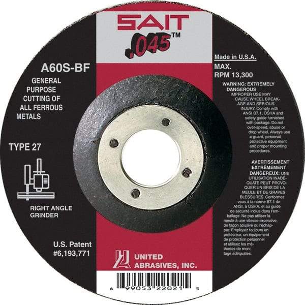 Sait - 60 Grit, 6" Wheel Diam, 7/8" Arbor Hole, Type 27 Depressed Center Wheel - Aluminum Oxide, Resinoid Bond, S Hardness, 10,200 Max RPM, Compatible with Angle Grinder - A1 Tooling